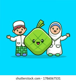 Moslem Couple With Cute Ketupat Cartoon Vector Icon Illustration. Religion Moslem Icon Concept Isolated Premium Vector. Flat Cartoon Style