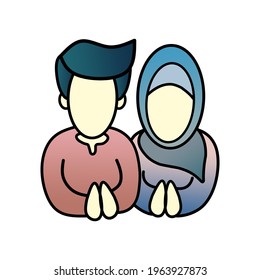 Moslem Couple Ramadan Mubarak Together Give Pray Hand Flat Vector Illustration