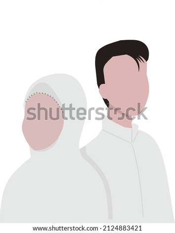 Moslem couple standing next to each other  wearing white. Cartoon vector illustration. Great addition for wedding invitation or greeting card.
