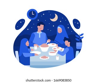 Moslem Families Dinner Together at the Dining Table Vector