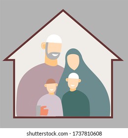 Moslem Family Celebrate Eid with Stay at home with 2 sons Illustration