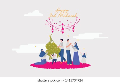 Moslem Family Father Mother Sister Brother and Friends are happy celebrating the Eid Al Fitr Mubarak with Ketupat