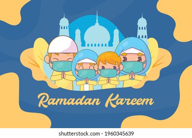 Moslem family greeting ramadan kareem islamic  wear mask Premium Vector
