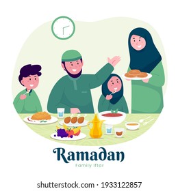 Moslem family iftar enjoying ramadan kareem mubarak together in happiness during fasting with meal, food and dates, suitable for Greeting card, invitation and banner. flat vector illustration