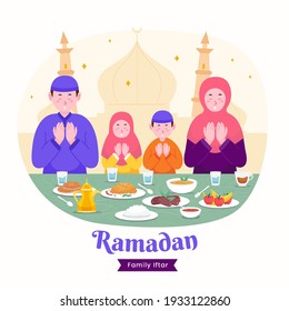 Moslem family iftar enjoying ramadan kareem mubarak together in happiness during fasting with meal, food and dates, suitable for Greeting card, invitation and banner. flat vector illustration