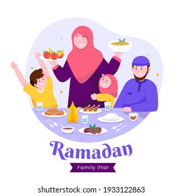 Moslem family iftar enjoying ramadan kareem mubarak together in happiness during fasting with meal, food and dates, suitable for Greeting card, invitation and banner. flat vector illustration