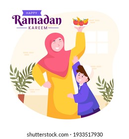 Moslem family iftar enjoying ramadan kareem mubarak together in happiness during fasting with meal, food and dates, suitable for Greeting card, invitation and banner. flat vector illustration