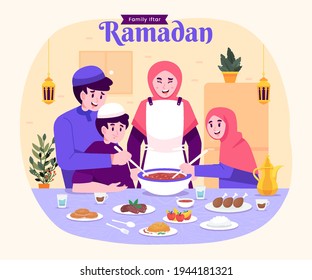 Moslem family iftar enjoying ramadan kareem mubarak together in happiness during fasting with meal, food and dates, suitable for Greeting card, invitation and banner. flat vector illustration