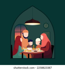 Iftar de la familia Moslem disfrutando del ramadan kareem mubarak juntos en felicidad durante el ayuno con comida, comida y dátiles, adecuado para tarjeta de saludo, invitación y pancarta. ilustración vectorial plana