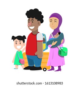 Moslem Family standing in queue bring suitcase and bag for vacation, Father hold an older kids, and Mother carry a baby flat design cartoon vector