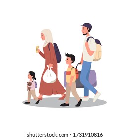 Moslem Family Traveling On Holiday. Homecoming Tradition For Eid Al Fitr. Flat Style Vector Isolated On White Background