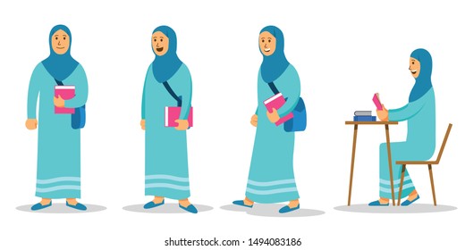 Moslem Girl College Student Character Set. Suitable For Islamic Education Theme Illustration.