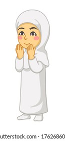 Moslem girl hajj wearing ihram pilgrimage to mecca cartoon full body vector