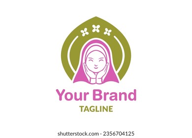 Moslem girl logo design. Showcasing a smiling Muslim girl framed by floral elements, this logo exudes charm and positivity. Perfect for modest fashion, Islamic schools, or hijab wear brands.
