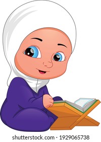 Moslem girl reading quran isolated on white background