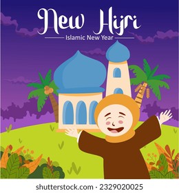 Moslem girl saying happy new hijri Year eve. Islamic New Year 1444 Hijriyah (1 muharram). Design with night sky and mosque background. 