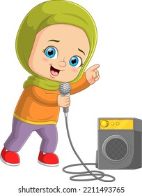 The moslem girl sings a song with the mic beside the big speaker of illustration