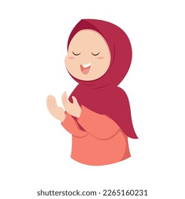 Moslem Girl wearing hijab and praying. Children kids cartoon character. Flat vector illustration.