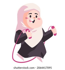 moslem girl with white hijab is holding rope to make jump rope sport to be healthy modern cartoon flat color isolated background vector illustration
