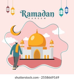 moslem going to mosque in pink banner template 