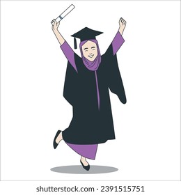 Moslem graduation illustraion design. vector isolated. Beautiful asian muslim college graduate with degree after convocation ceremony. 2457