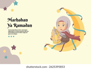 Moslem Hold Lantern Celebrating Ramadan Cartoon Vector Illustration for Background