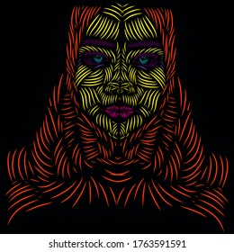 the moslem islamic arabic woman line pop art potrait logo colorful design with dark background. Isolated black background for t-shirt, poster, clothing, merch, apparel, badge design