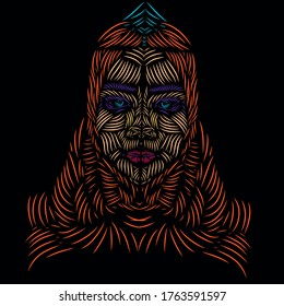 the moslem islamic arabic woman line pop art potrait logo colorful design with dark background. Isolated black background for t-shirt, poster, clothing, merch, apparel, badge design