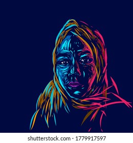 the moslem islamic arabic woman line pop art potrait logo colorful design with dark background. Isolated black background for t-shirt, poster, clothing, merch, apparel, badge design