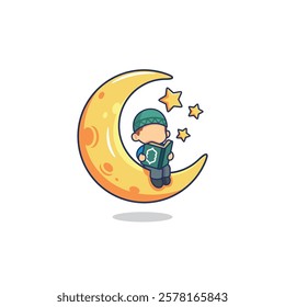 Moslem kid reading Qur'an sit on crescent moon cartoon illustration vector