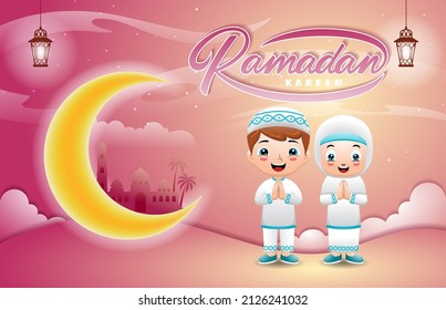 Moslem kids cartoon with crescent moon and mosque, Ramadan kareem elements