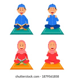 Moslem kids reading holy book and praying on pray mat.