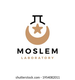 moslem laboratory crescent moon star logo vector icon illustration