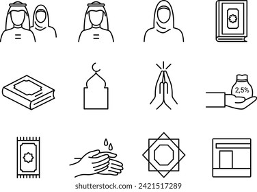 moslem line icon, ramadan, arab people, kuran, mosque, ornament, kabah, rug