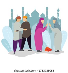Moslem man and girl make hand shake and hugging on Eid Mubarak celebration. Eid Mubarak flat vector illustration.  Web landing page template.  Suitable for banner, presentation, social or print media.