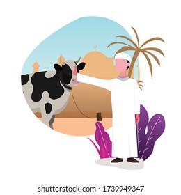 Moslem man herding cow for qurban. Hajj and umra design concept. Eid Mubarak flat vector illustration.  Web landing page template.  Suitable for banner, presentation, social or print media.