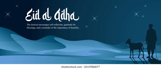 Moslem man leading a goat across the dunes under a stars - conceptual vector artwork blending spirituality and culture, presented in elegant silhouette design, suitable for promotion