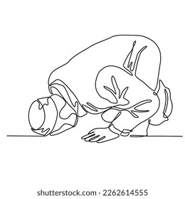 A moslem man is praying the mosque during ramadhan time in continuous line art drawing style. design with Minimalist black linear design isolated on white background. Vector illustration