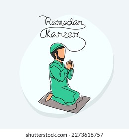 Ein Moslem betet die Moschee während der Rmadhan-Zeit in kontinuierlicher Linie Kunstzeichnung Stil. Design mit minimalistischem, schwarz-linearem Design einzeln auf weißem Hintergrund. Vektorgrafik