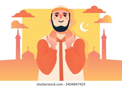 Moslem-Mann betet in Moschee mit Gewebbe, mit einem Bart und einem Hut, steht vor einer Moschee mit einem Halbmond und Sternen Vektormuslim islamimisch