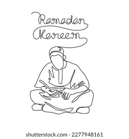 A moslem man read the Quran in the mosque during ramadhan time in continuous line art drawing style. design with Minimalist black linear design isolated on white background. Vector illustration