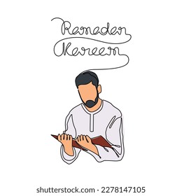 A moslem man read the Quran in the mosque during ramadhan time in continuous line art drawing style. design with Minimalist black linear design isolated on white background. Vector illustration