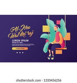 MOSLEM MAN READING BOOK SIT ON SWING , WEB PAGE DESIGN WITH AL ISRA WAL MI'RAJ TYPOGRAPHY. THE TEXT MEANS THE NIGHT JOURNEY