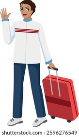 moslem man waving with luggage