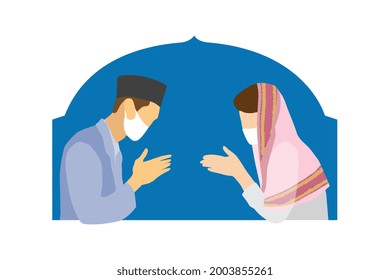 Moslem Man And Woman With Medical Mask Doing Non Contact Greetings In Celebration Of Eid Al Adha Or Eid Al Fitr. Vector Illustration.