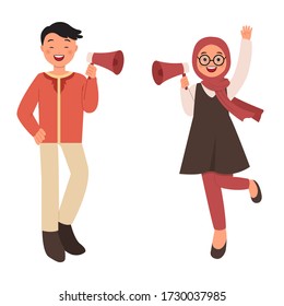 Moslem man and woman using megaphone for promotional campaign. Flat style vector isolated on white background