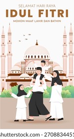 Personas musulmanas caminando a la mezquita para rezar y celebrar Eid Mubarak. Ilustración vectorial de diseño de carteles Eid al Fitr. Traducción: Feliz Eid Mubarak. 