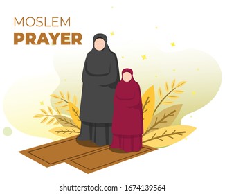 Moslem Prayer Modern Flat Illustration, Elegant Islamic Design Template, Suitable For Ramadan, Eid Al Fitr, and Education