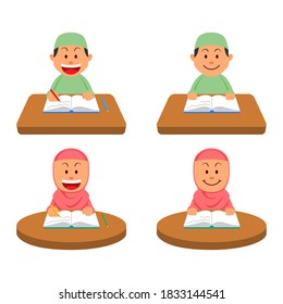 Moslem student kids reading book and writing at the table.