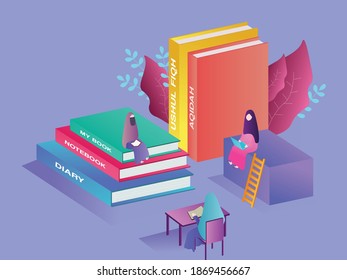 Moslem Woman Focused with her book and computer isometric